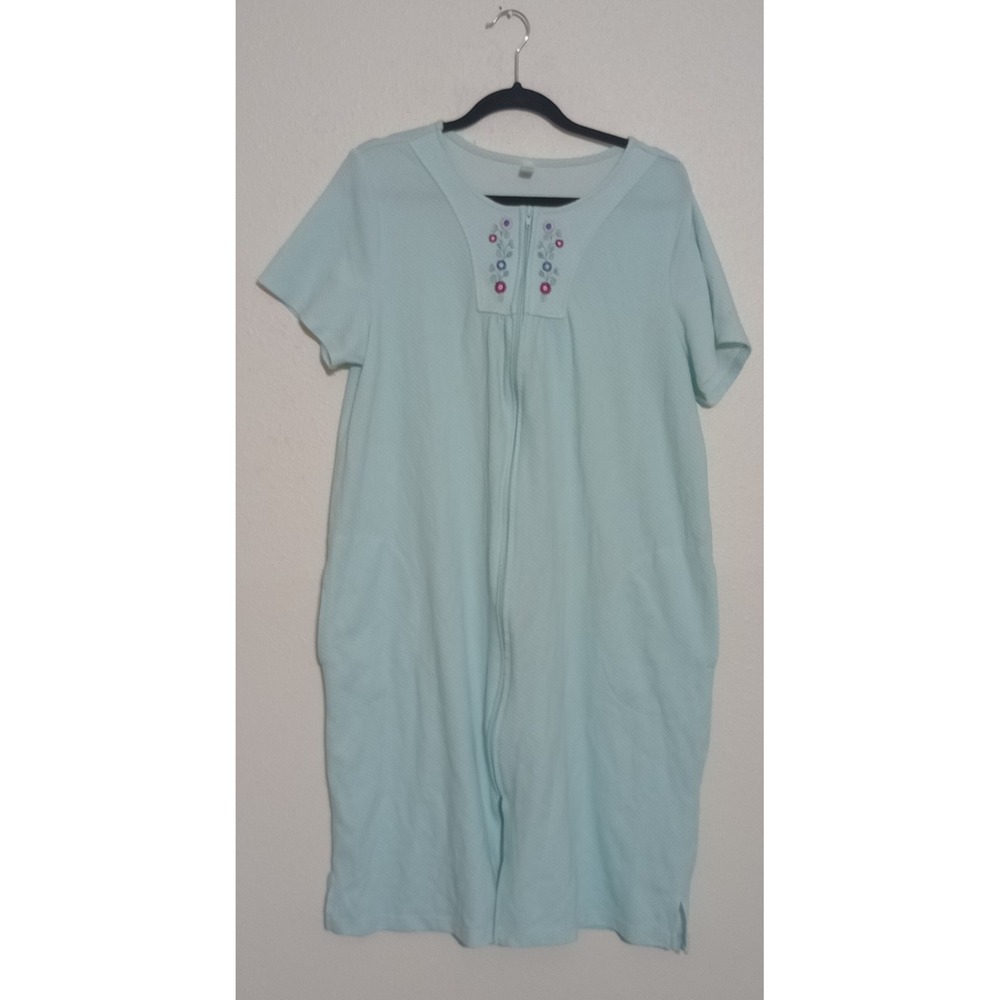 Pink K Womens 1X Aqua Blue Floral Embroidered Zip Front House Dress Lounger